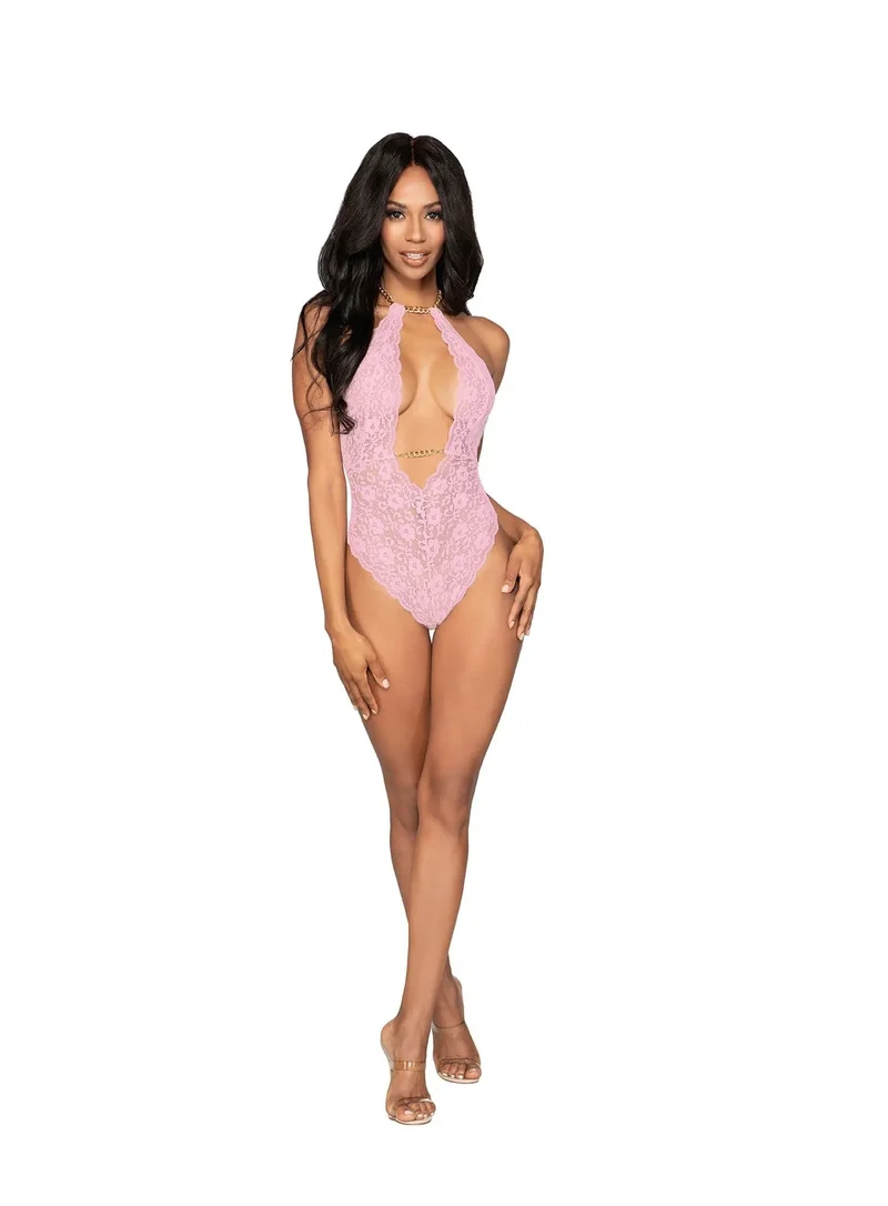 body lingerie rose dentelle nylon élasthanne dos nu chaînes amovibles collier ajustable drapé silhouette flatteuse glamour sophistiquée