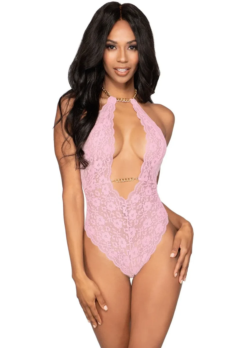 body lingerie rose dentelle nylon élasthanne dos nu chaînes amovibles collier ajustable drapé silhouette flatteuse glamour sophistiquée