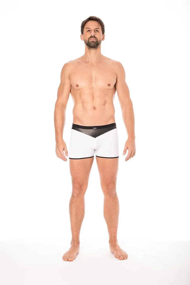 caleçon moulant boxer blanc confortable audacieux design tissu doux opaque similicuir pointe élasthanne polyester ajusté collection exclusive