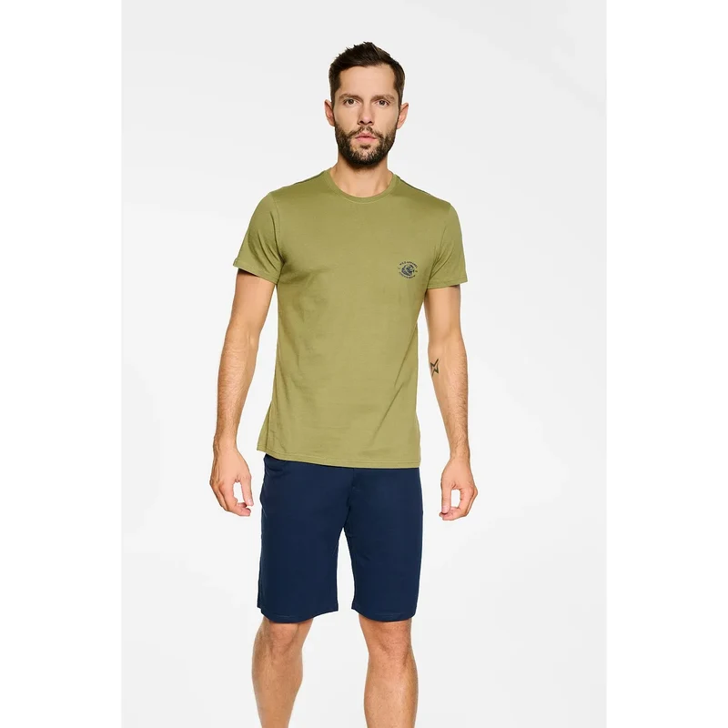 pyjama été homme Henderson 162640 coton pur confortable élégant haut manches courtes col rond short ample taille élastique kaki marine
