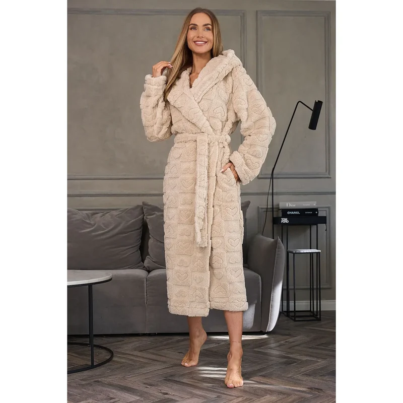 Peignoir L&L collection 217116 robe de chambre en polyester doux motifs cœur capuche ceinture ajustable XS à XXL