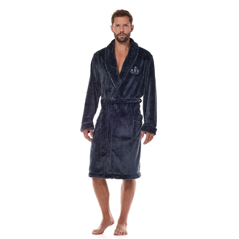 peignoir homme élégant confortable velours polaire coupe ample longue genoux ceinture ajustable col châle large poches broderie poitrine