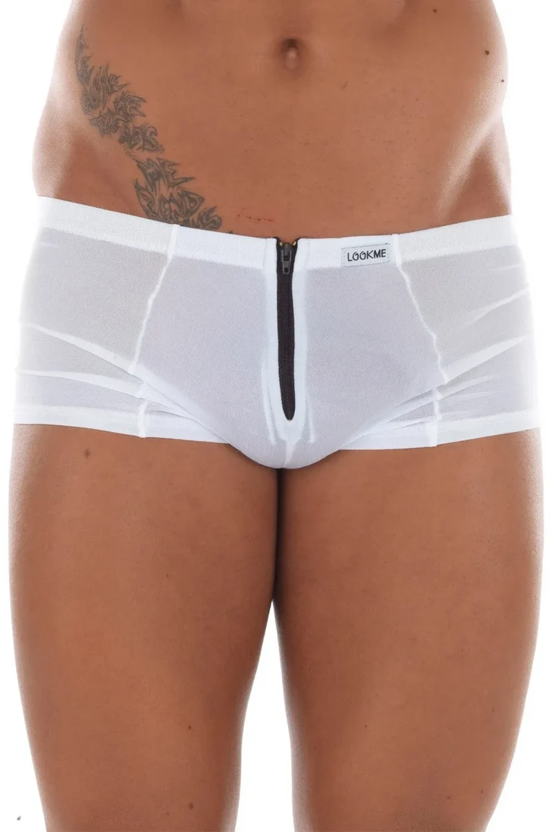 mini short blanc fermetures zippées avant arrière polyamide 80 pourcent élasthanne 20 ajustement confortable transparence subtile sexy audacieux