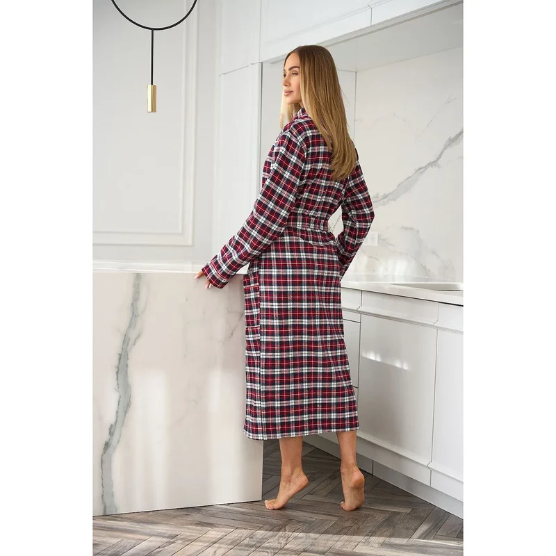 Peignoir coton biologique hypoallergénique doux respirant long multicolore carreaux rouge noir blanc manches longues ceinture ajustable grandes poches