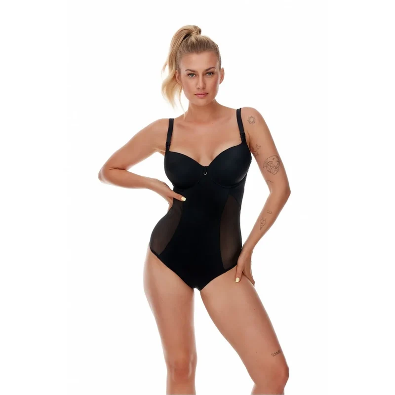 Maillot de bain une pièce noir élégant dos ouvert empiècements maille transparente push-up armatures fermeture dos sexy séduisant lingerie féminine