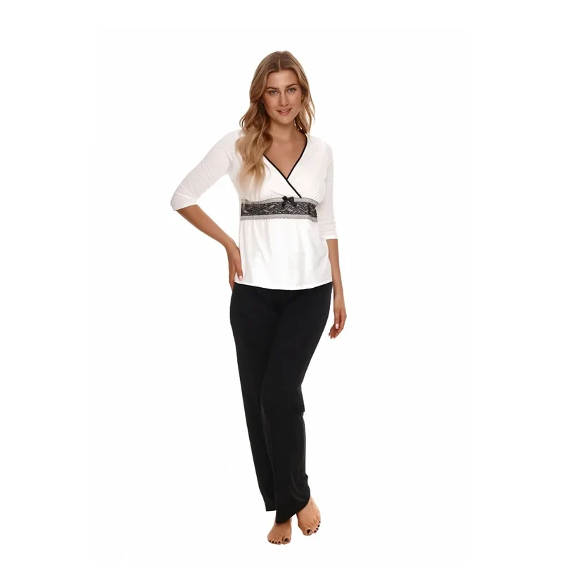 pyjama dentelle noire élégant confortable raffiné femme nuit romantique deux pièces haut manches trois quarts pantalon taille cintrée viscose souple