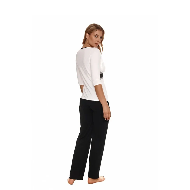 pyjama dentelle noire élégant confortable raffiné femme nuit romantique deux pièces haut manches trois quarts pantalon taille cintrée viscose souple