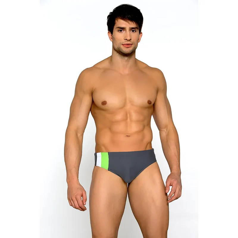 slip bain classique ajusté homme élasthanne polyamide extensible durable ceinture réglable liens bandes contrastantes gris vert blanc