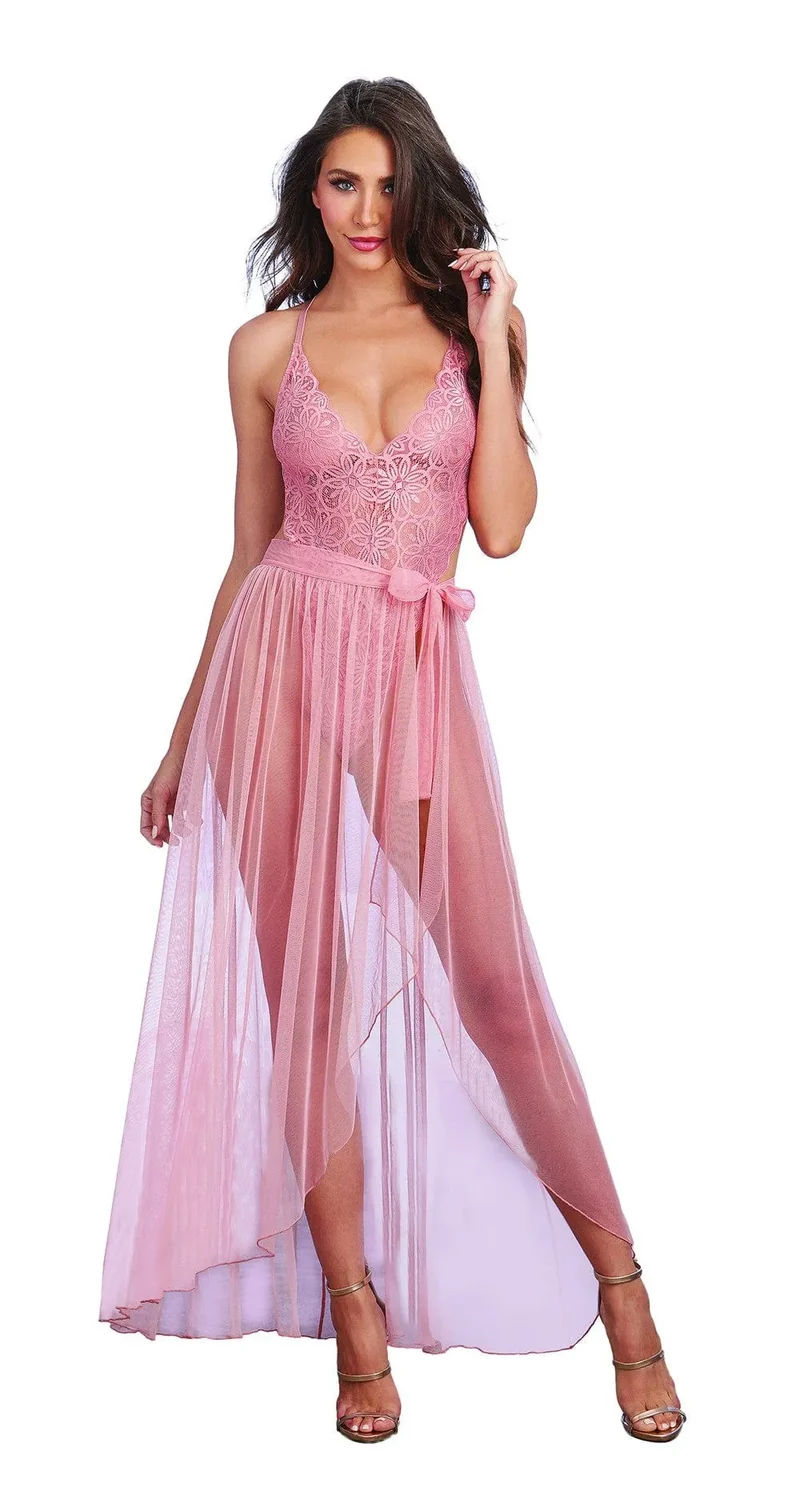 body vintage rose dentelle haute qualité sexy femme ronde silhouette sculptée échancré hanches dos quasi nu bretelles réglables jupe longue