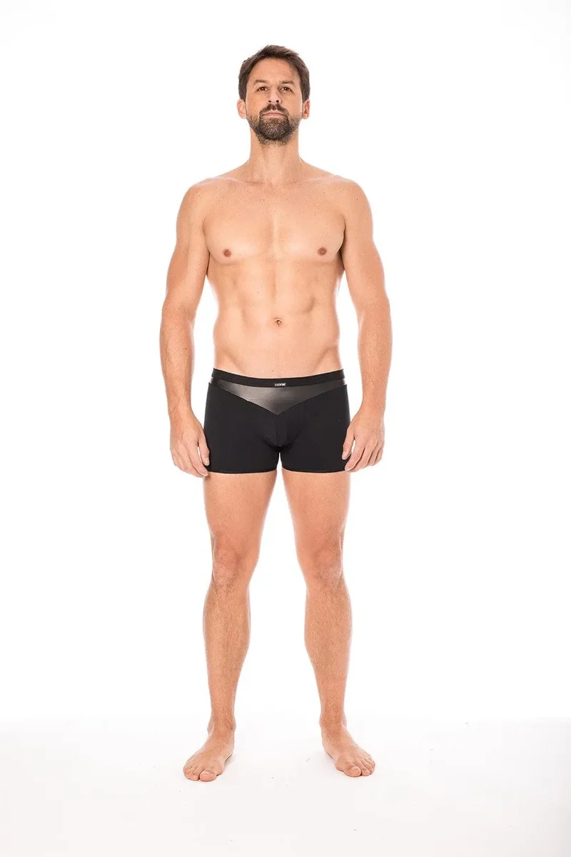 Caleçon boxer sexy homme simili cuir pointe bande opaque tissu doux extensible confortable audacieux esthétique moderne moulant