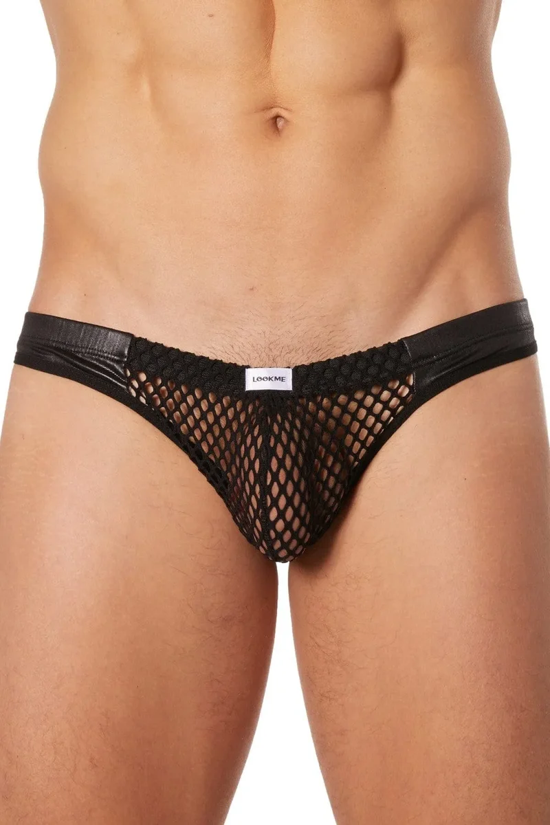 slip échancré homme noir filet avant arrière bandes simili cuir côtés audacieux moderne séduisant élégant aéré confortable extensible nylon élasthanne
