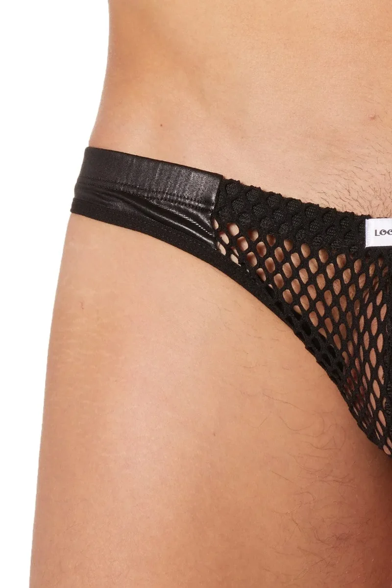 slip échancré homme noir filet avant arrière bandes simili cuir côtés audacieux moderne séduisant élégant aéré confortable extensible nylon élasthanne