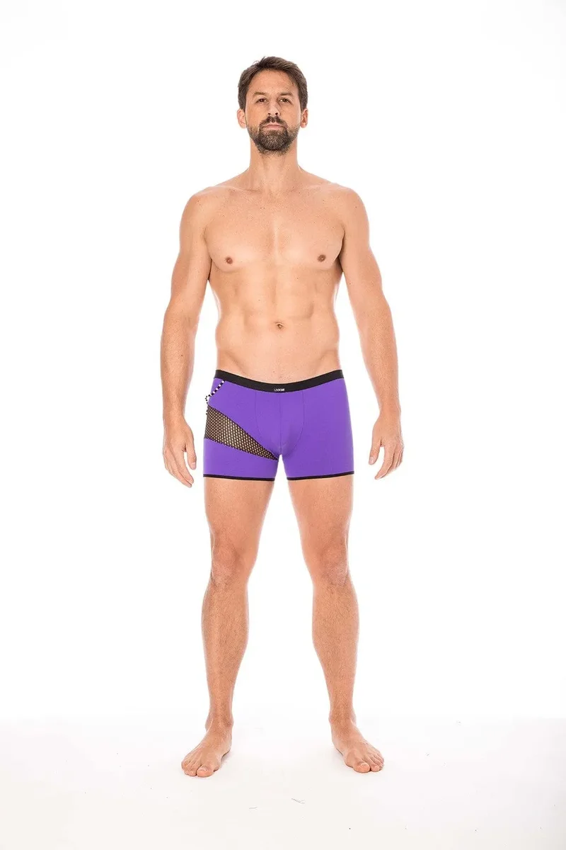 Boxer violet sexy branché tendance filets cordelettes latérales opaque polyamide élasthanne extensible confortable durable maintien silhouette urbain masculin
