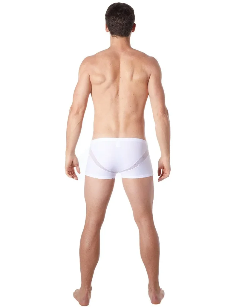 caleçon boxer homme blanc sensuel confortable doux extensible respirant polyester élasthanne résille bandes V coupe ajusté séduisant