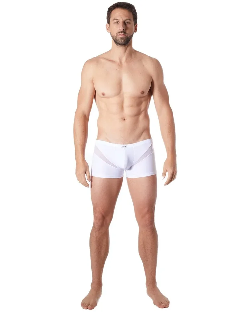 caleçon boxer homme blanc sensuel confortable doux extensible respirant polyester élasthanne résille bandes V coupe ajusté séduisant