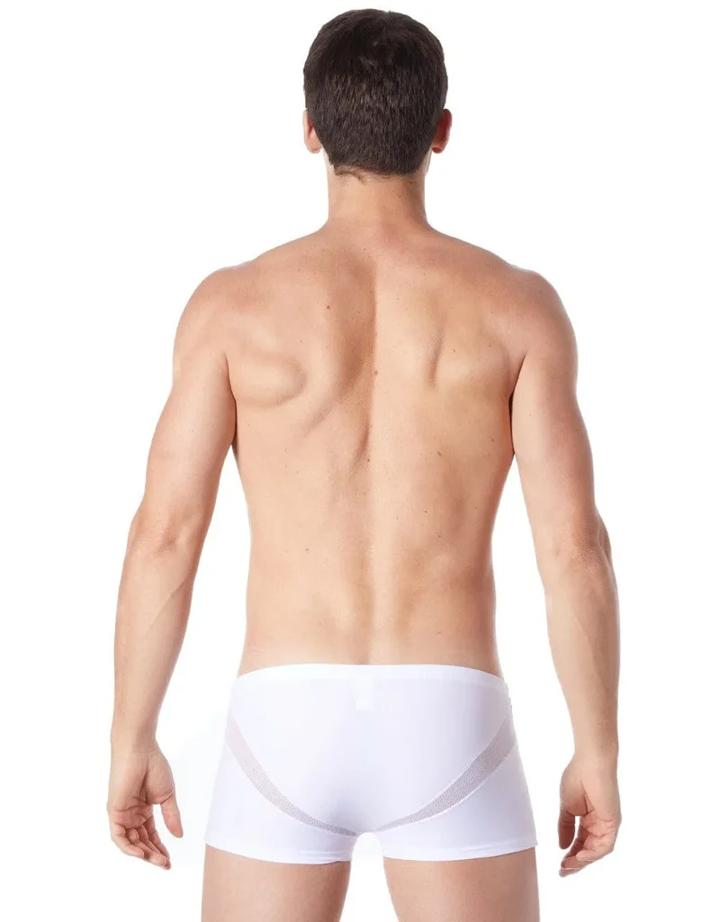 caleçon boxer homme blanc sensuel confortable doux extensible respirant polyester élasthanne résille bandes V coupe ajusté séduisant