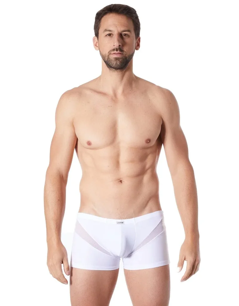 caleçon boxer homme blanc sensuel confortable doux extensible respirant polyester élasthanne résille bandes V coupe ajusté séduisant