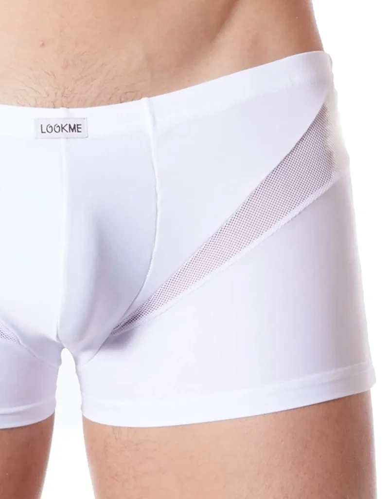 caleçon boxer homme blanc sensuel confortable doux extensible respirant polyester élasthanne résille bandes V coupe ajusté séduisant