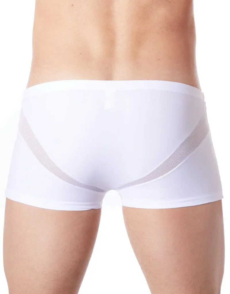 caleçon boxer homme blanc sensuel confortable doux extensible respirant polyester élasthanne résille bandes V coupe ajusté séduisant