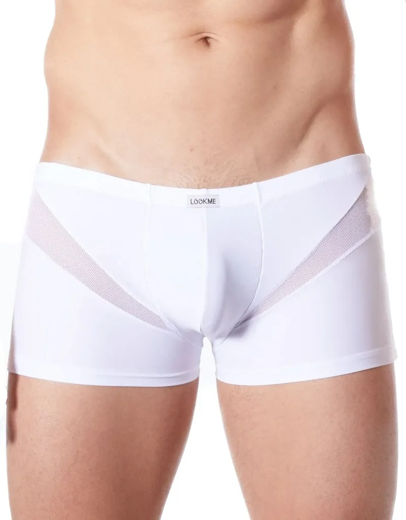 caleçon boxer homme blanc sensuel confortable doux extensible respirant polyester élasthanne résille bandes V coupe ajusté séduisant