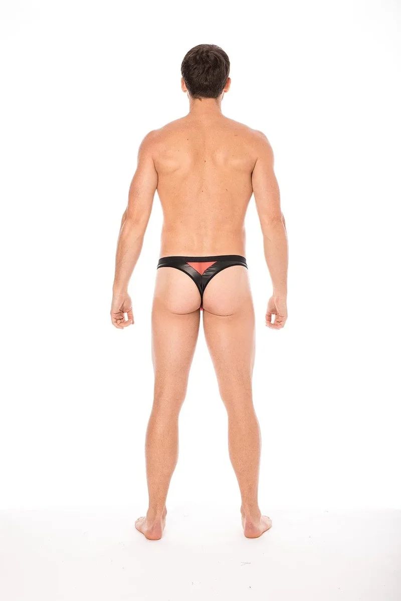string hommes résille rouge simili cuir noir brillant souple poche transparente sexy confortable polyester elasthanne tendance
