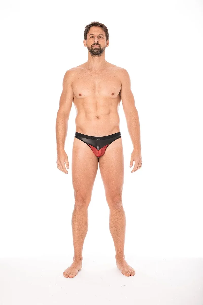 string hommes résille rouge simili cuir noir brillant souple poche transparente sexy confortable polyester elasthanne tendance