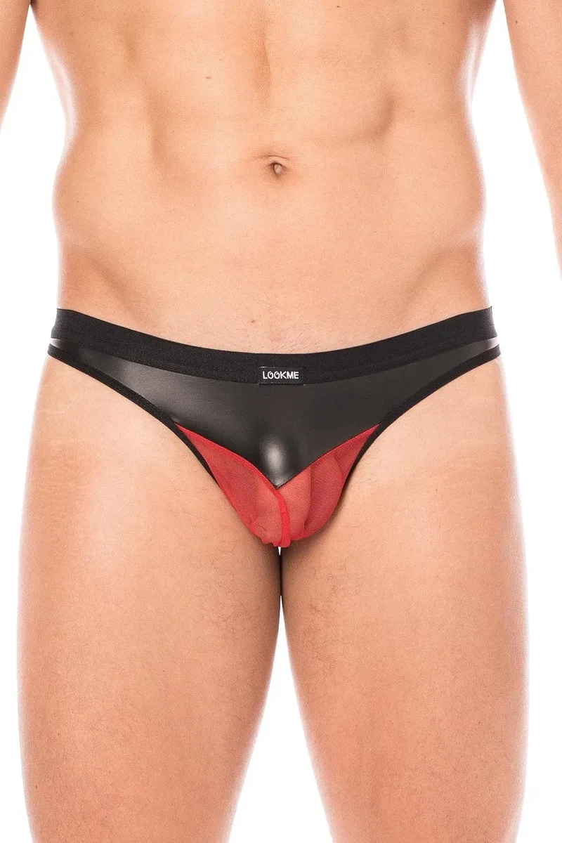 string hommes résille rouge simili cuir noir brillant souple poche transparente sexy confortable polyester elasthanne tendance