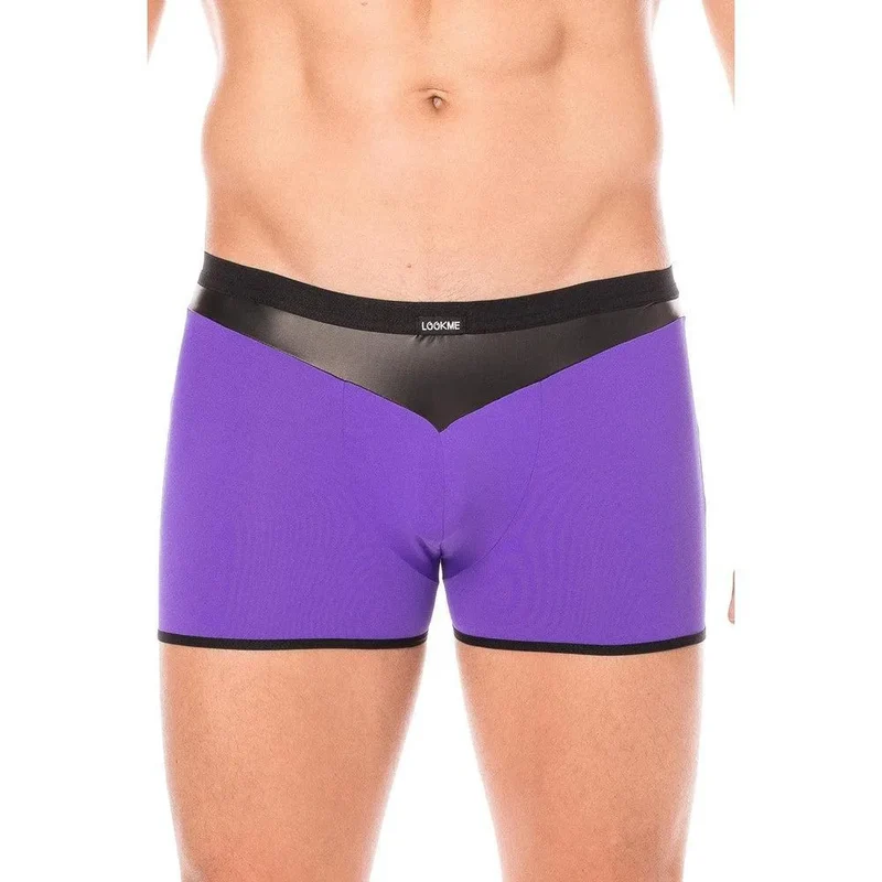 Boxer violet design bande simili cuir pointe avant arrière doux confortable extensible élasthanne polyester durable ajusté