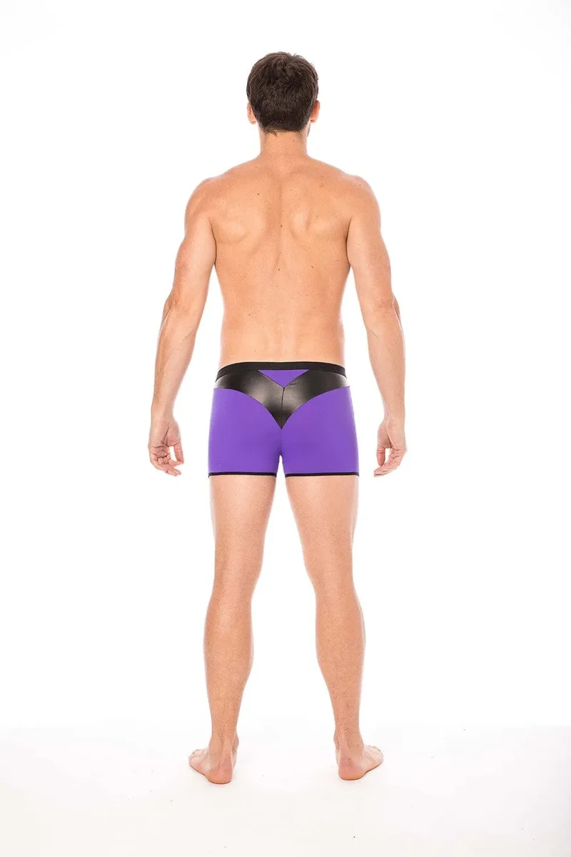 Boxer violet design bande simili cuir pointe avant arrière doux confortable extensible élasthanne polyester durable ajusté