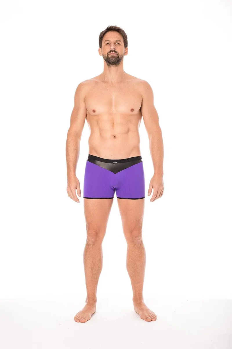 Boxer violet design bande simili cuir pointe avant arrière doux confortable extensible élasthanne polyester durable ajusté