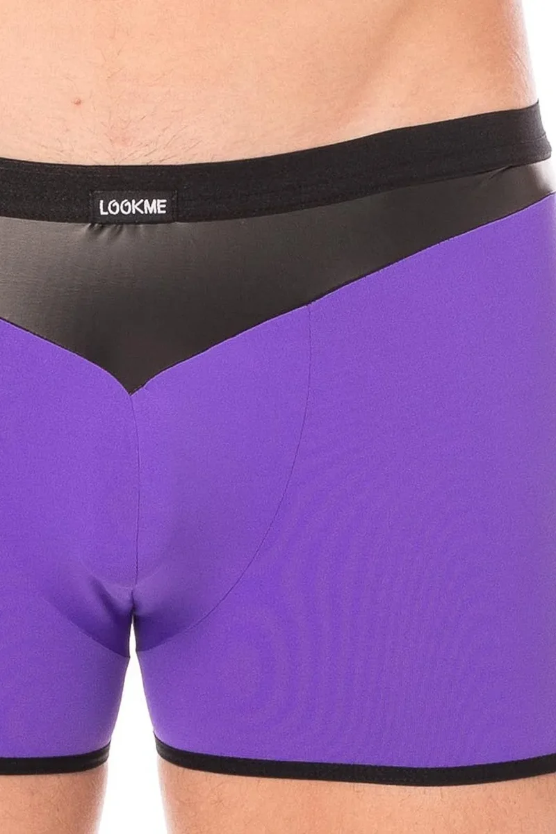 Boxer violet design bande simili cuir pointe avant arrière doux confortable extensible élasthanne polyester durable ajusté