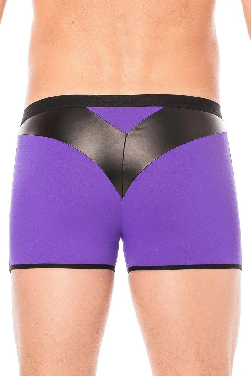 Boxer violet design bande simili cuir pointe avant arrière doux confortable extensible élasthanne polyester durable ajusté
