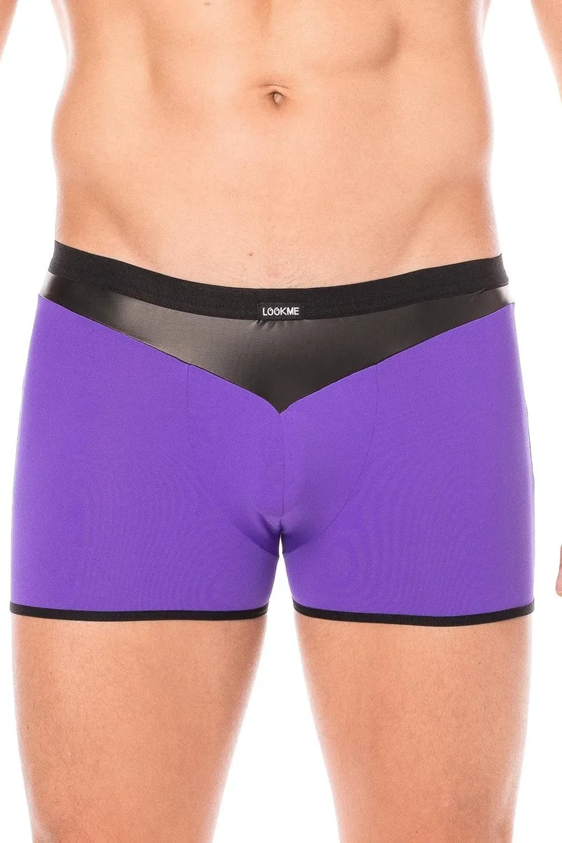 Boxer violet design bande simili cuir pointe avant arrière doux confortable extensible élasthanne polyester durable ajusté