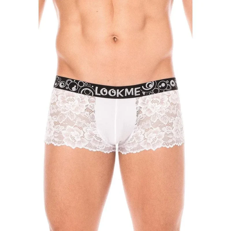 boxer dentelle blanche masculin sensuel séduisant douceur motif floral poche opaque maintien ajusté élégant raffiné extensible polyester elasthanne