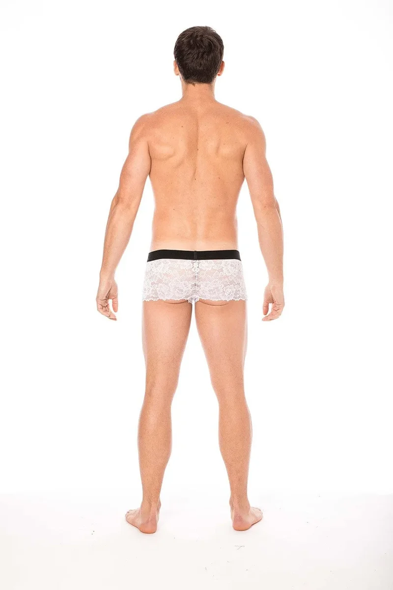 boxer dentelle blanche masculin sensuel séduisant douceur motif floral poche opaque maintien ajusté élégant raffiné extensible polyester elasthanne
