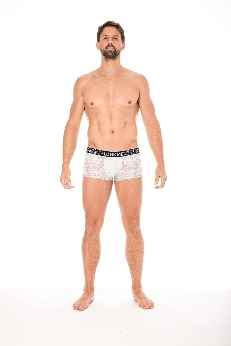 boxer dentelle blanche masculin sensuel séduisant douceur motif floral poche opaque maintien ajusté élégant raffiné extensible polyester elasthanne
