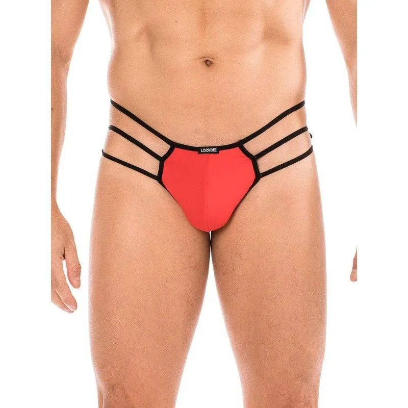 string homme rouge élégant audacieux minimaliste transparent arrière trois cordes latérales toile araignée opaque confortable extensible polyamide élasthanne