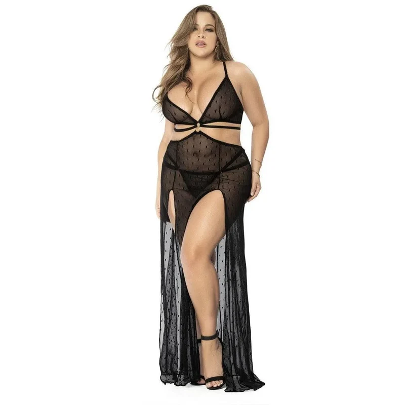nuisette grande taille résille noire transformable soutiengorge string voile amovible bretelles réglables silhouette sublimante confort nylon séduisante