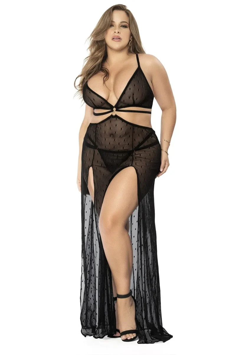 nuisette grande taille résille noire transformable soutiengorge string voile amovible bretelles réglables silhouette sublimante confort nylon séduisante