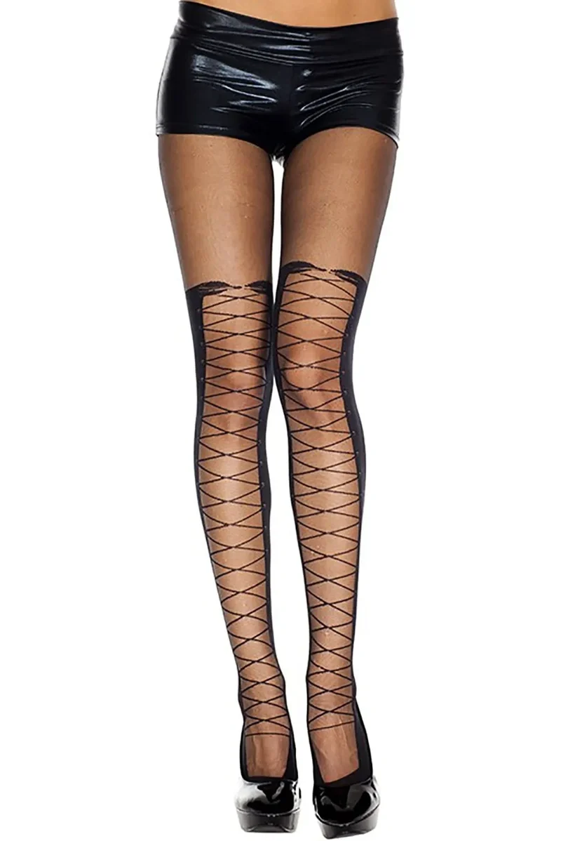 Collants laçage croisés bicolore chair noir effet devant nylon spandex extensibles confortables galbants moulants élégants chics sophistiqués soirée quotidien séduisants