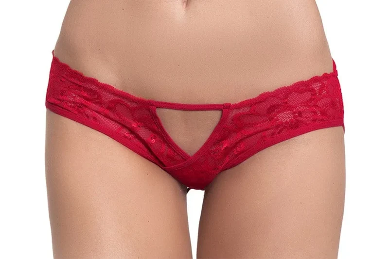 Culotte Dentelle Rouge Shorty Ajourée Arrière Lanières Entrecroisées Noeud Satiné Confortable Extensible Polyamide Elasthanne Féminine Sensuelle Glamour Moulante Taille