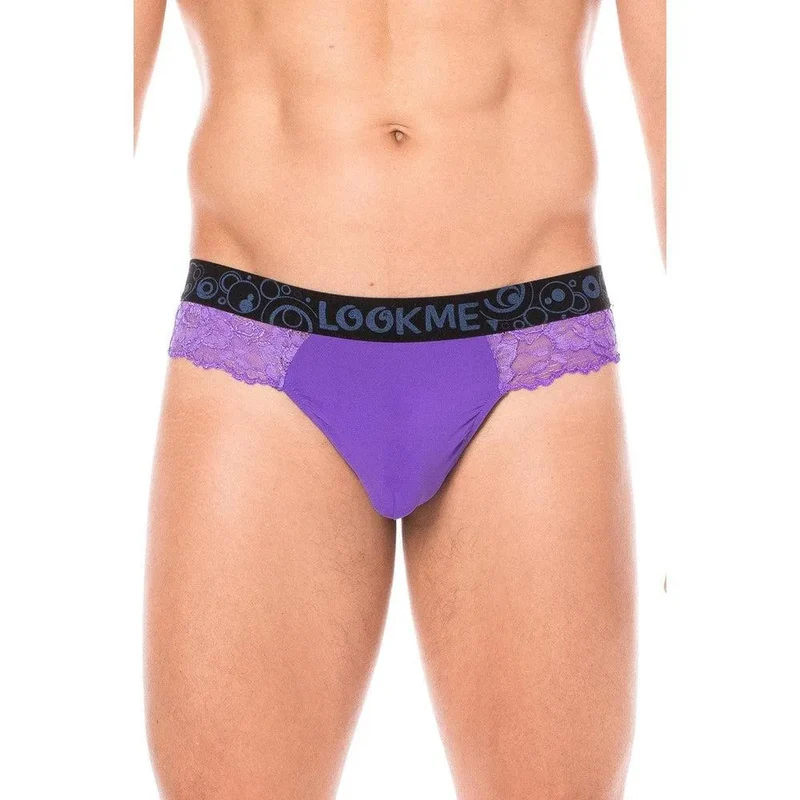 String Dentelle Violet Motif Floral Poche Opaque Homme Sexy Audacieux Délicat Doux Extensible Polyester Elasthanne Ajusté Silhouette Élégante Lingerie