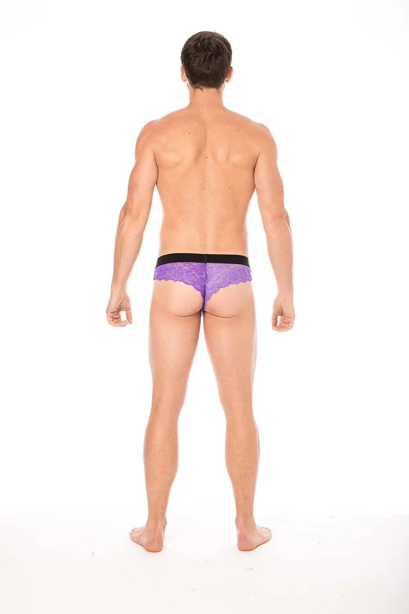 String Dentelle Violet Motif Floral Poche Opaque Homme Sexy Audacieux Délicat Doux Extensible Polyester Elasthanne Ajusté Silhouette Élégante Lingerie