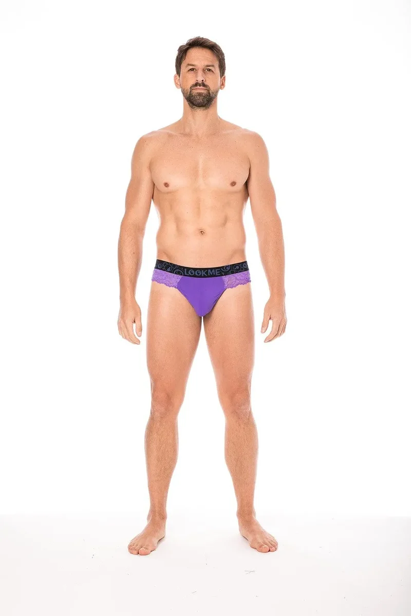String Dentelle Violet Motif Floral Poche Opaque Homme Sexy Audacieux Délicat Doux Extensible Polyester Elasthanne Ajusté Silhouette Élégante Lingerie