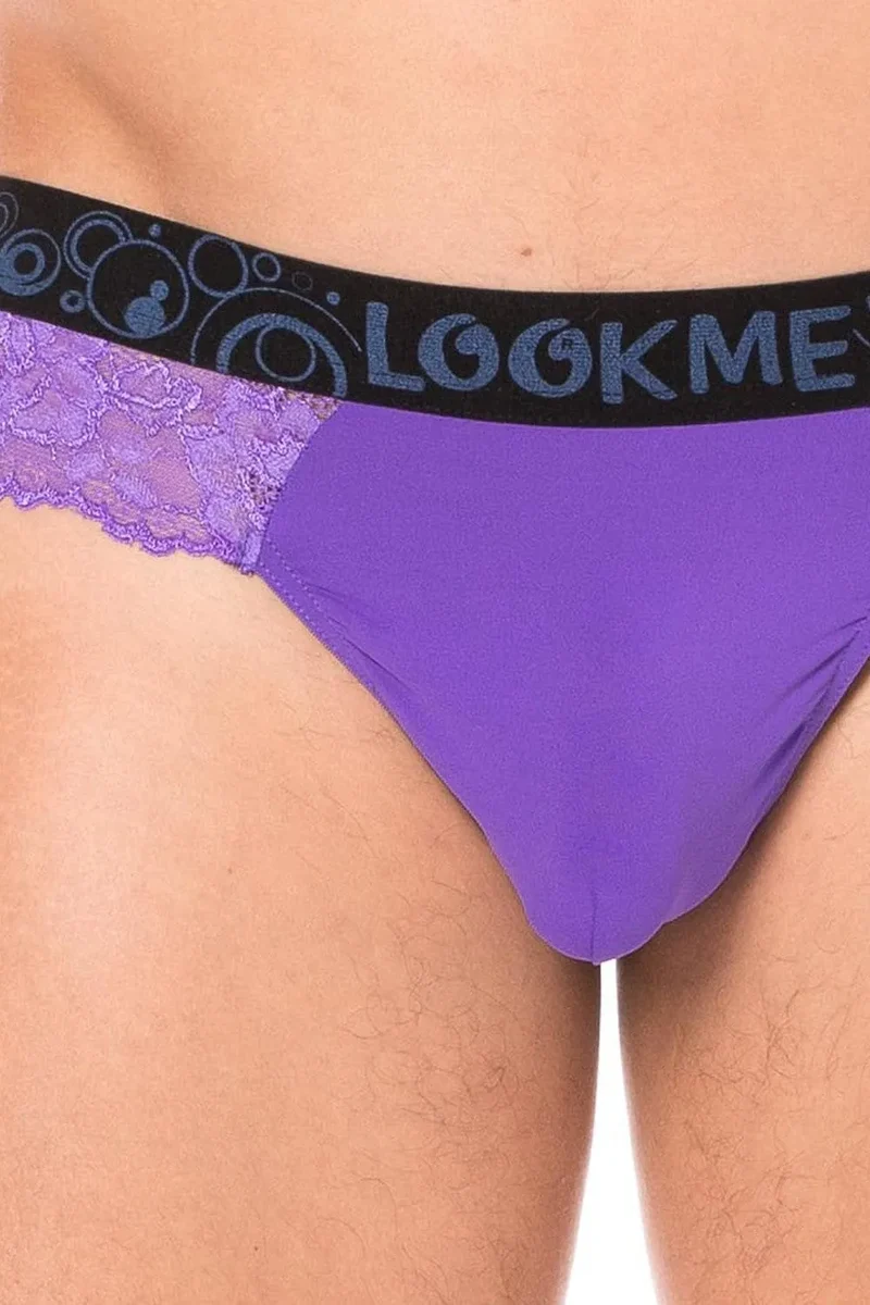 String Dentelle Violet Motif Floral Poche Opaque Homme Sexy Audacieux Délicat Doux Extensible Polyester Elasthanne Ajusté Silhouette Élégante Lingerie