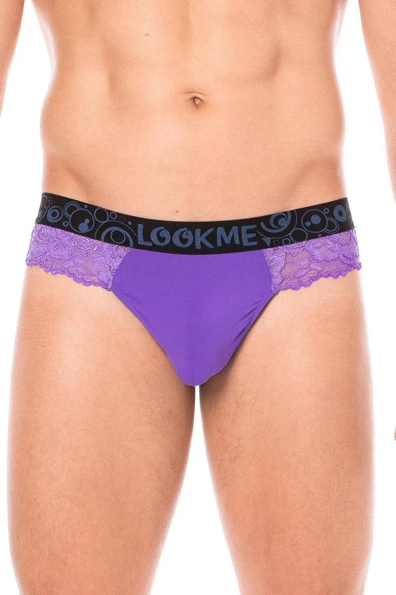 String Dentelle Violet Motif Floral Poche Opaque Homme Sexy Audacieux Délicat Doux Extensible Polyester Elasthanne Ajusté Silhouette Élégante Lingerie