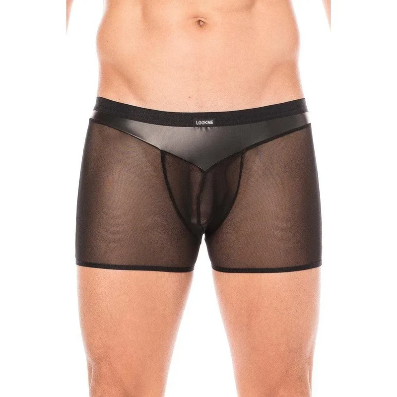Boxer homme résille simili cuir noir brillant souple poche transparente arrière sexy audacieux ajusté confortable extensible élasthanne polyester