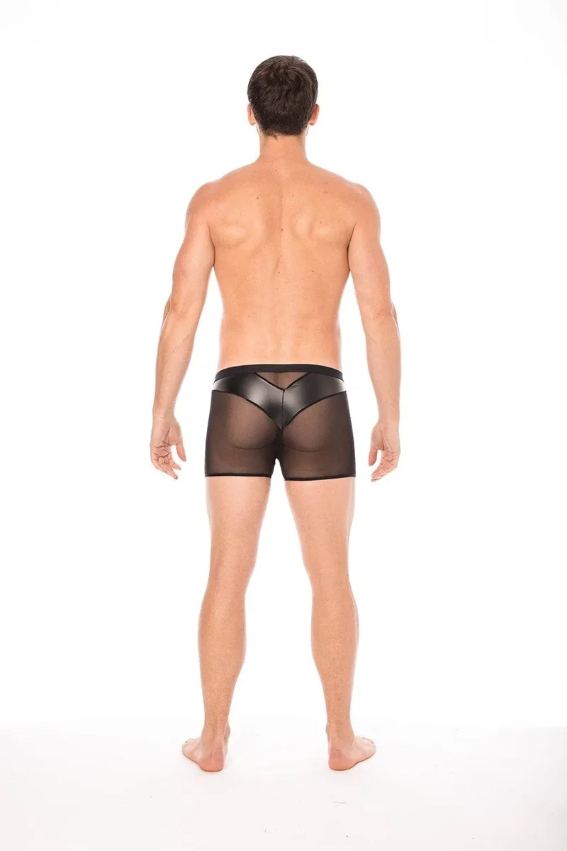Boxer homme résille simili cuir noir brillant souple poche transparente arrière sexy audacieux ajusté confortable extensible élasthanne polyester