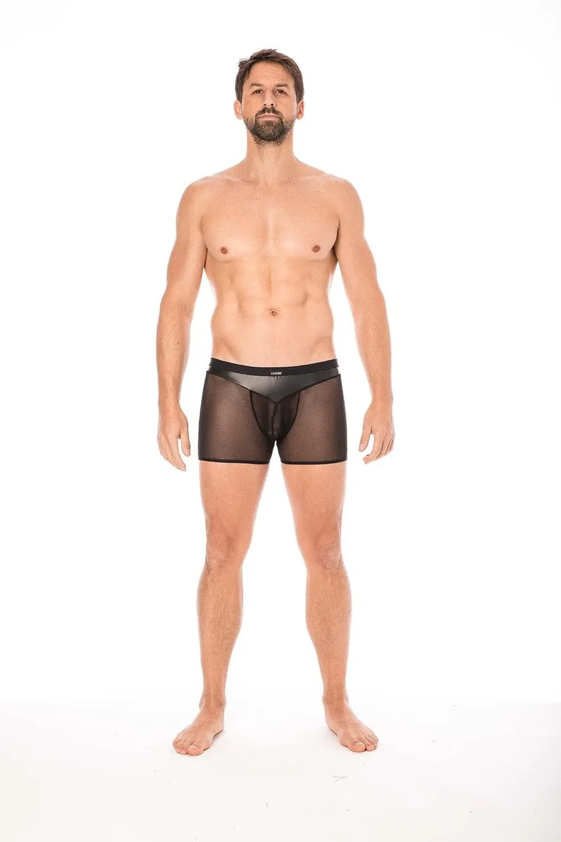 Boxer homme résille simili cuir noir brillant souple poche transparente arrière sexy audacieux ajusté confortable extensible élasthanne polyester
