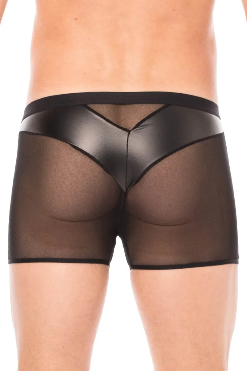 Boxer homme résille simili cuir noir brillant souple poche transparente arrière sexy audacieux ajusté confortable extensible élasthanne polyester